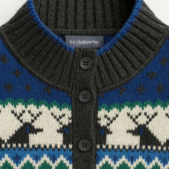 Liz Claiborne Fair Isle Button Mock Neck Sweater | Deer Pattern | Size L - Picture 2 of 9